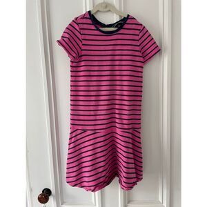 Lands End girls pink and navy striped shirt sleeve dress L 10-12
